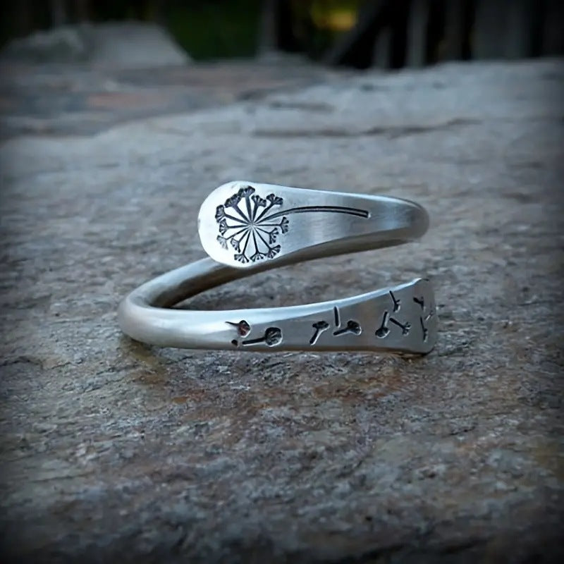 Bohemian Retro Silver Simple Dandelion Open Adjustable Ring