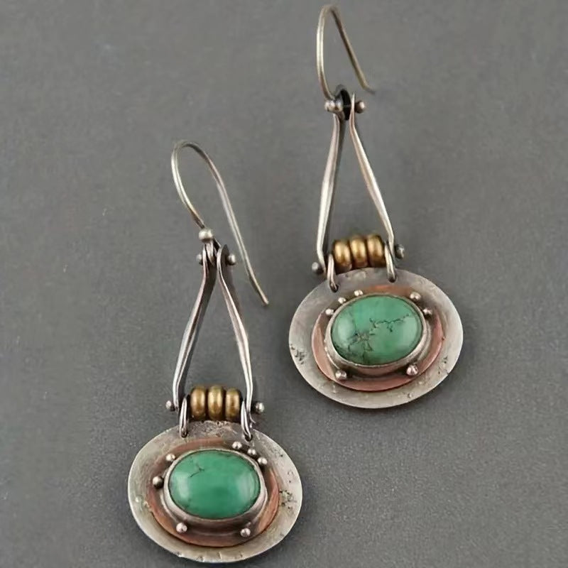 Turquoise Two-tone Earrings Ethnic Style Oval Alloy