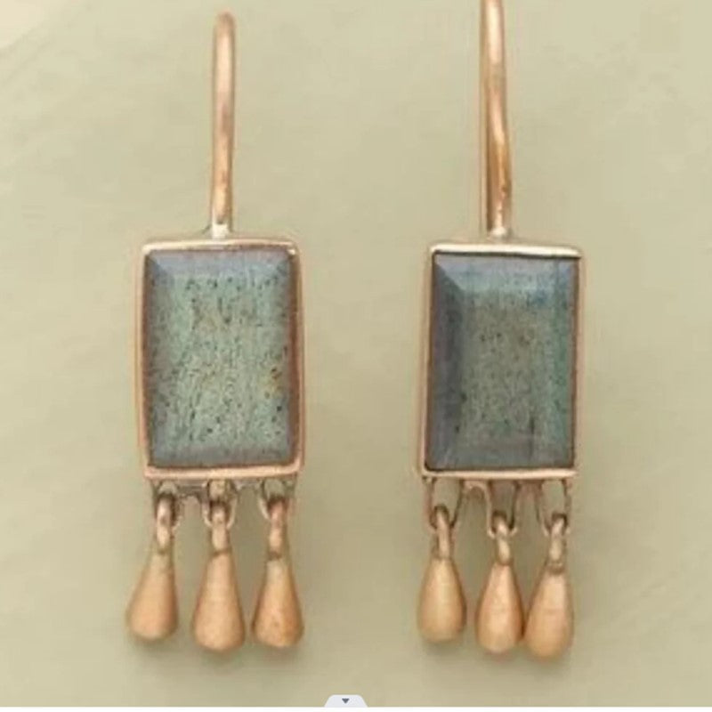New Retro Geometric Inlaid Turquoise Tassel Earrings