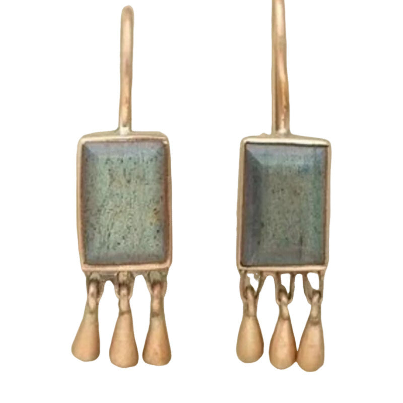 New Retro Geometric Inlaid Turquoise Tassel Earrings