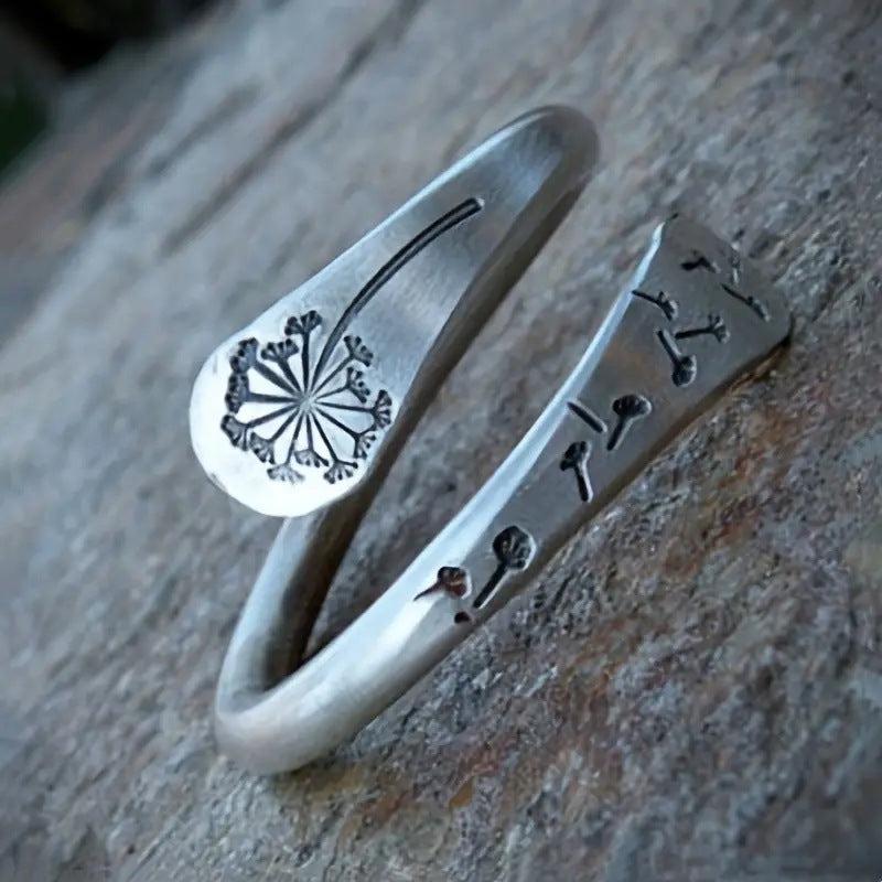 Bohemian Retro Silver Simple Dandelion Open Adjustable Ring