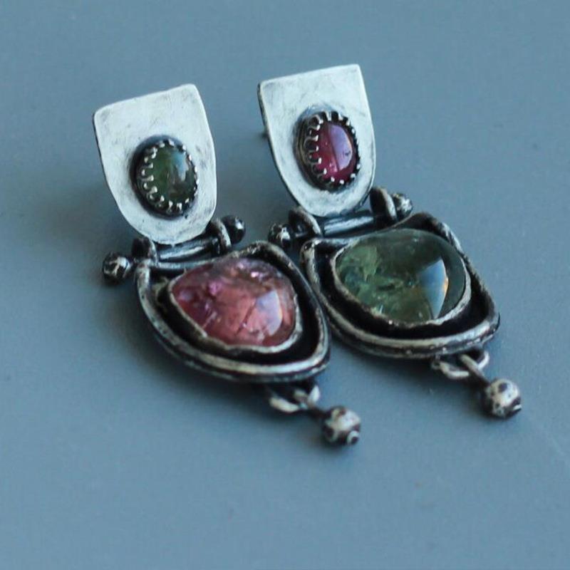 Ethnic Geometric Oval Two-tone Crystal Stud Earrings Vintage Court Style