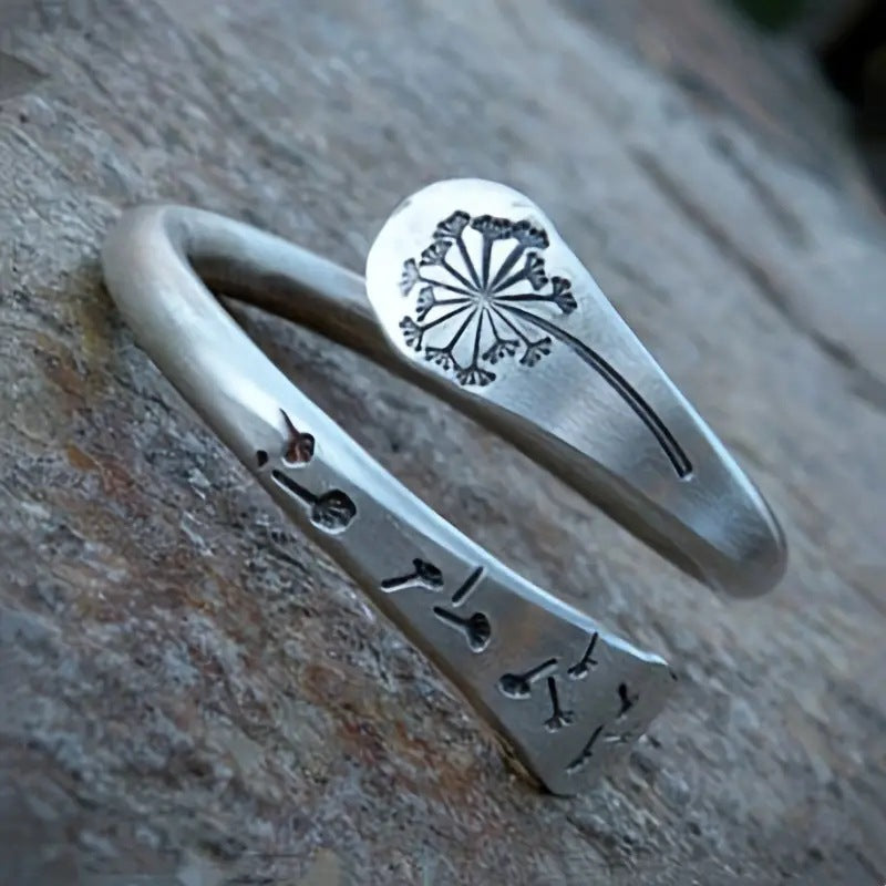 Bohemian Retro Silver Simple Dandelion Open Adjustable Ring