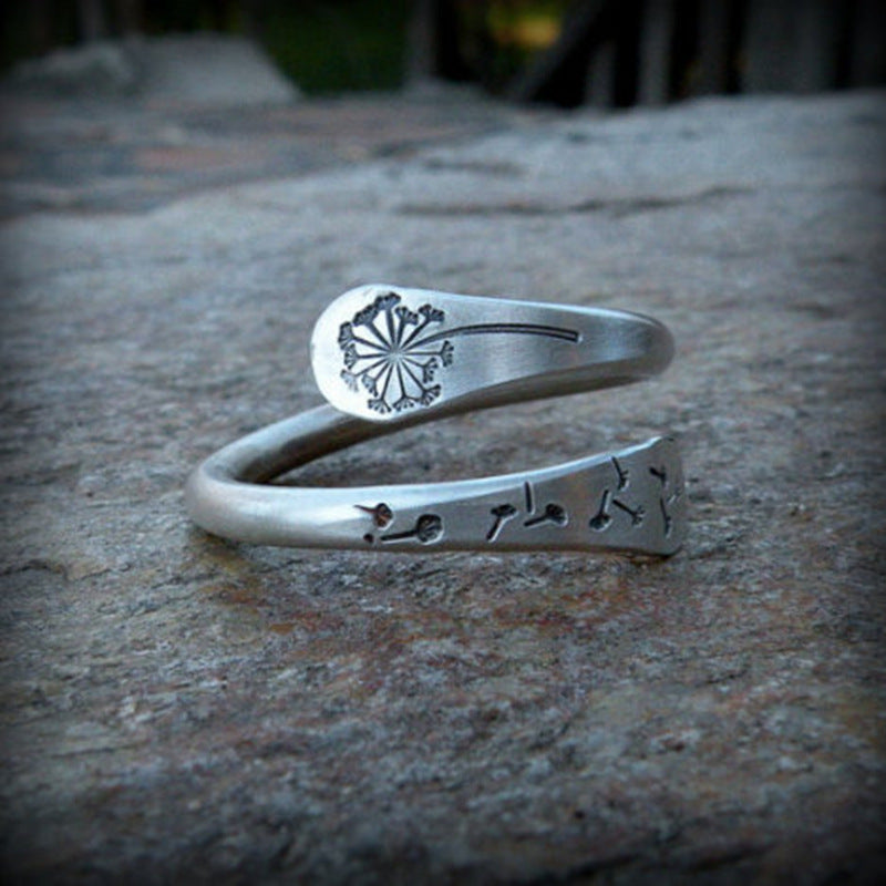Bohemian Retro Silver Simple Dandelion Open Adjustable Ring